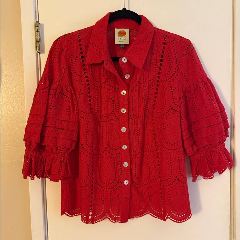 Farm Rio Red Pineapple Eyelet Blouse and Shorts Set - Picture 3 of 9